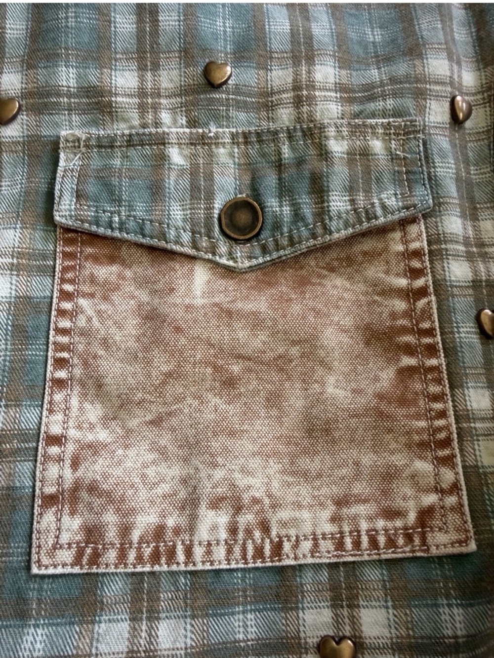 POL Heart Stud Vintage Wash Olive Green & Tan Plaid SHACKET NEW FALL WINTER - Picture 6 of 9